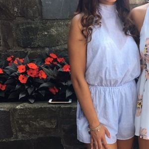 blue and white striped romper, halter neck romper